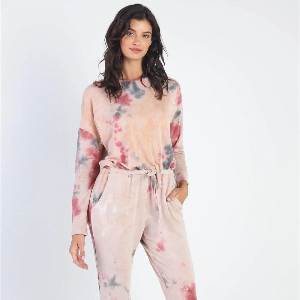 Womens Tie-Dye Round Neck Long Sleeve Jumpsuit Burgundy and Gray